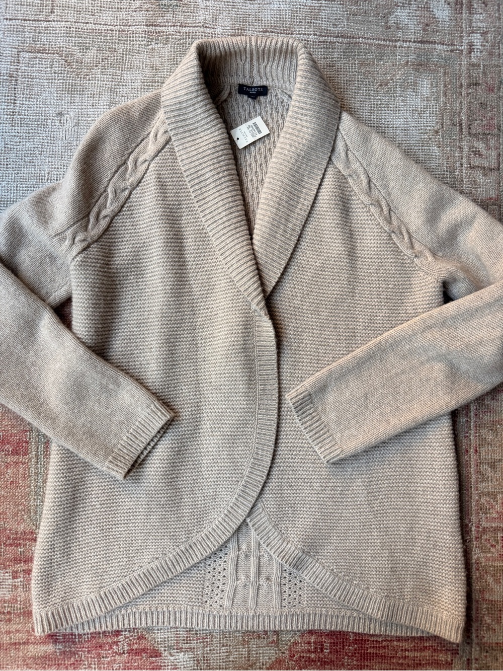 Talbots Taupe Open-Front Shawl Collar Cardigan with Cable Trim